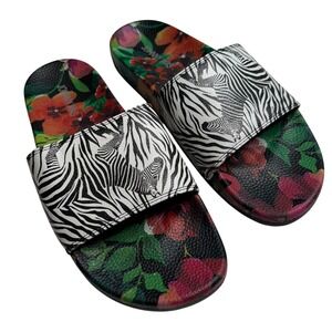 JOHNNY WAS Zebra Floral Pool Slides Sandals Women's Size 10M Slip On‎
